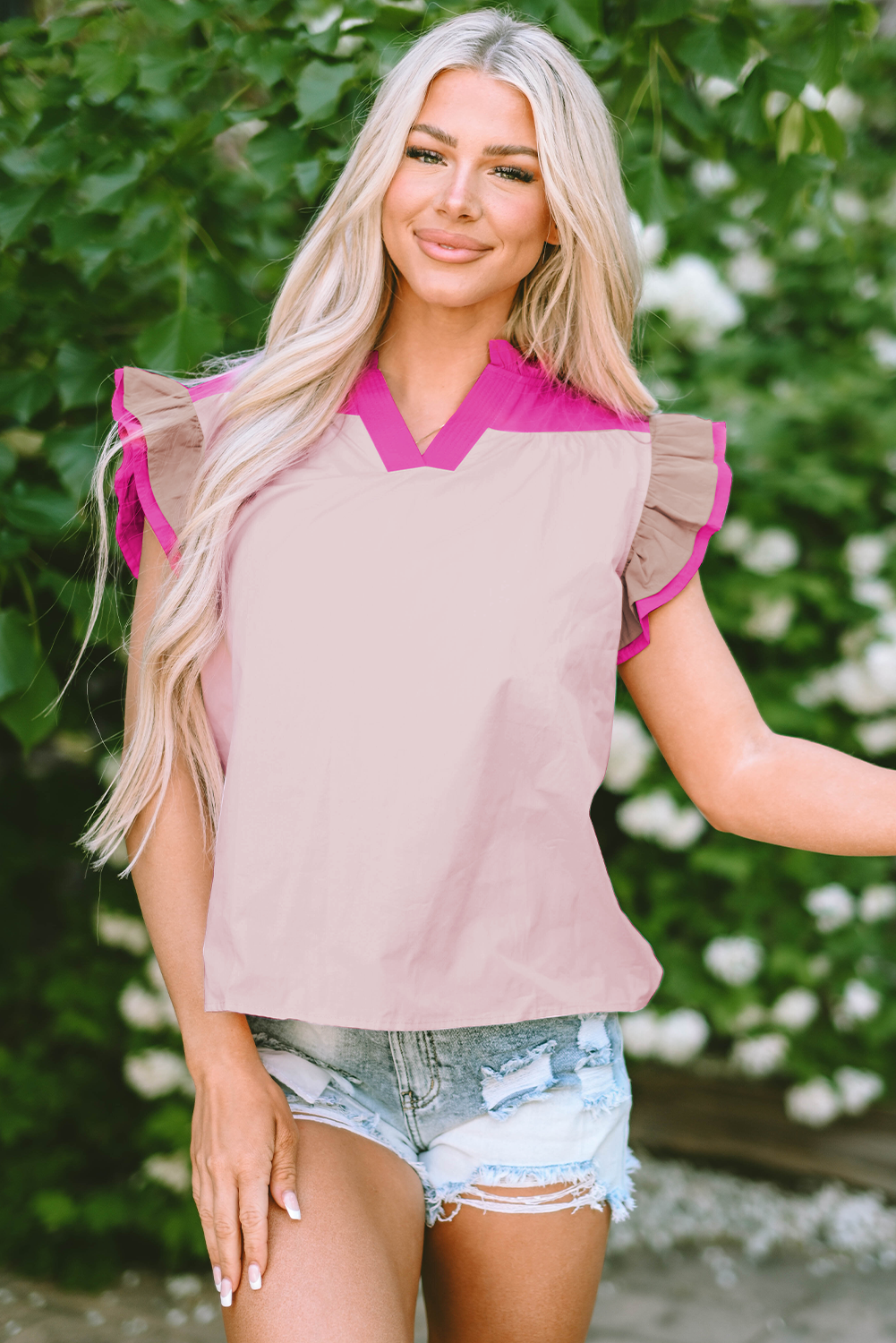 Threaded Pear Maci Ruffled Sleeve Frill V Neck Blouse