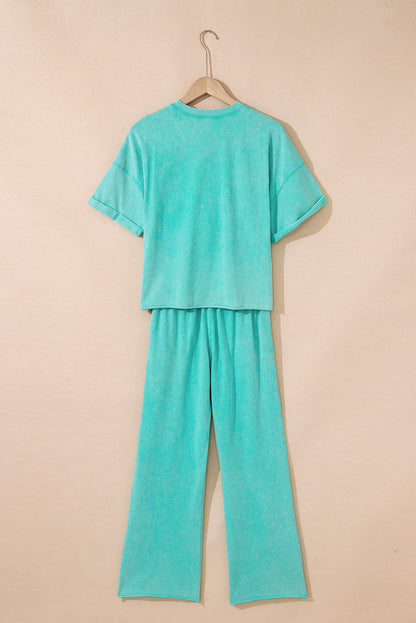 Threaded Pear Arabella Acid Wash Star Patched Rolled Trim Pants Set