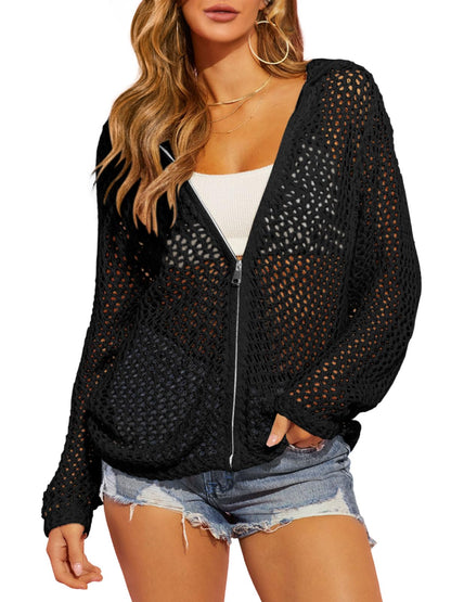 Womens Crochet Lightweight Cardigans Zip Up Hooded Cover Up