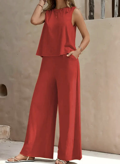 Women’s Solid Color Casual Loose Pants Set | Elegant Spring Summer Two-Piece Suit | High-Sense Breathable Full Trouser Set | Trendy Minimalist Wide-Leg Female Outfit | 2026 High-Fashion Relaxed Fit Co-ord Set