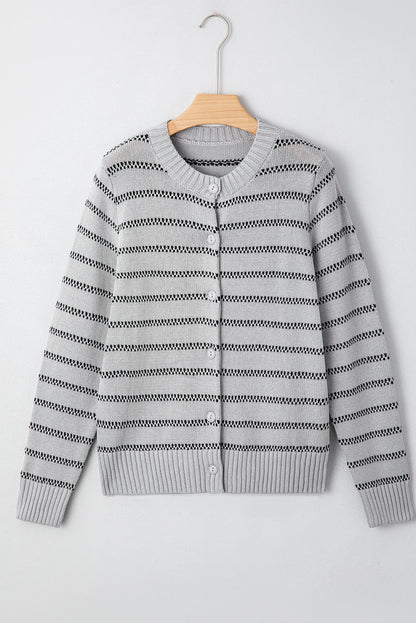 Arianna Stripe Button Front Ribbed Trim Short Cardigan
