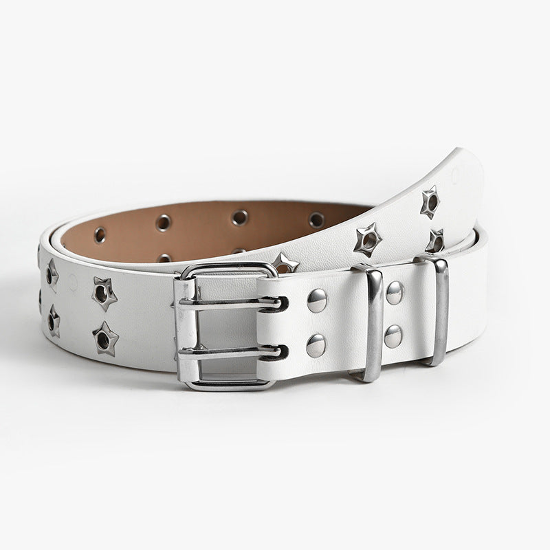 Women’s Fashion Stars Decorative Double-Row Belt | Trendy Y2K Celestial Studded Belt | Modern Grunge Style Star Buckle Waistband | Edgy Double-Grommet Decorative Belt | 2026 Streetwear Fashion Accessory