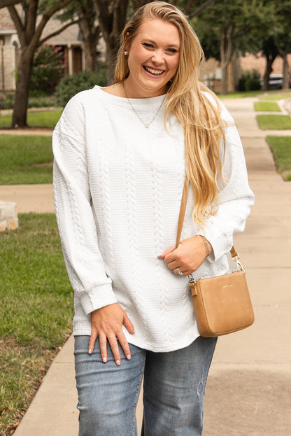 Threaded Pear White Cable Textured Loose Plus Size Sweatshirt