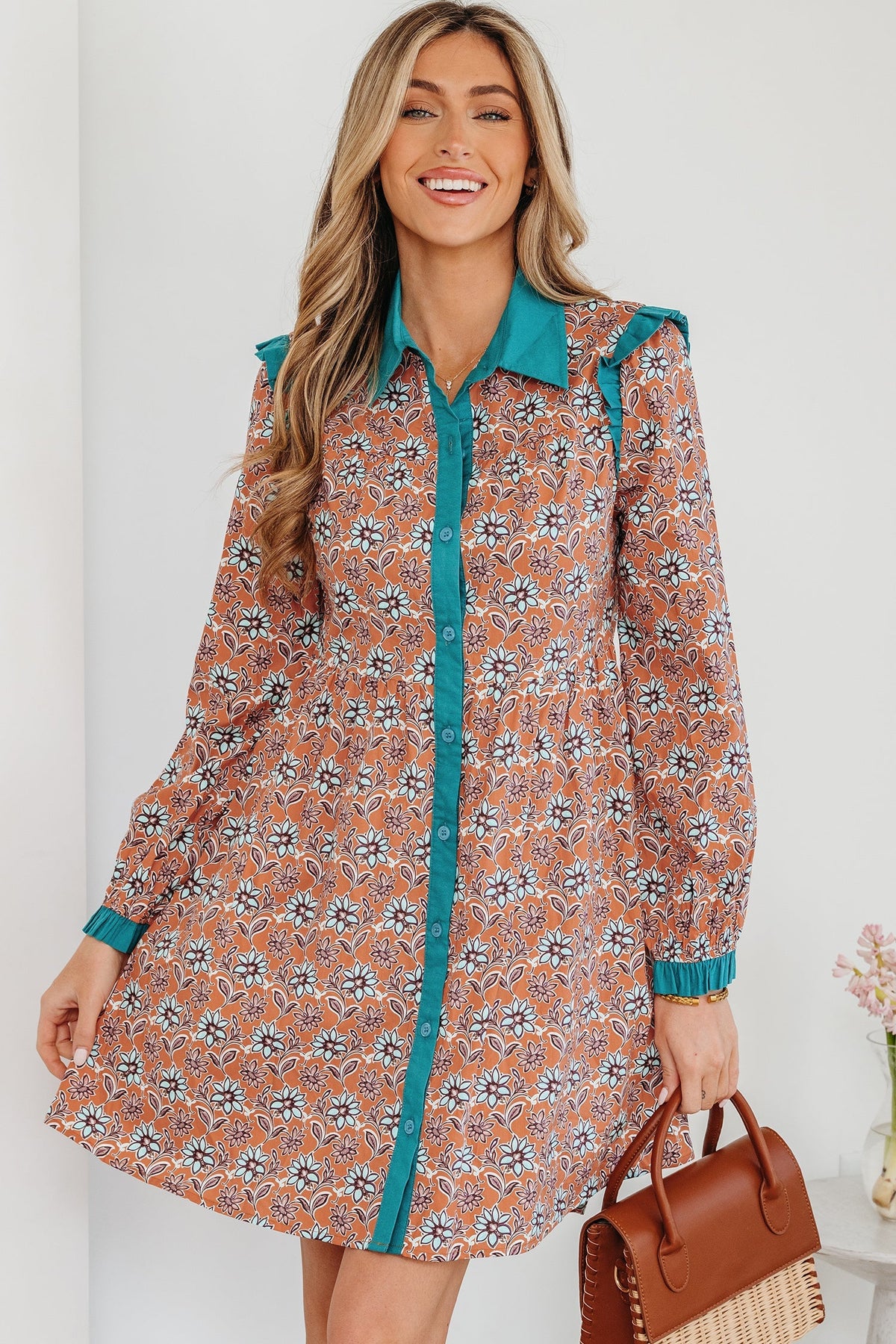 Threaded Pear Alia Floral Contrast Collared Shirt