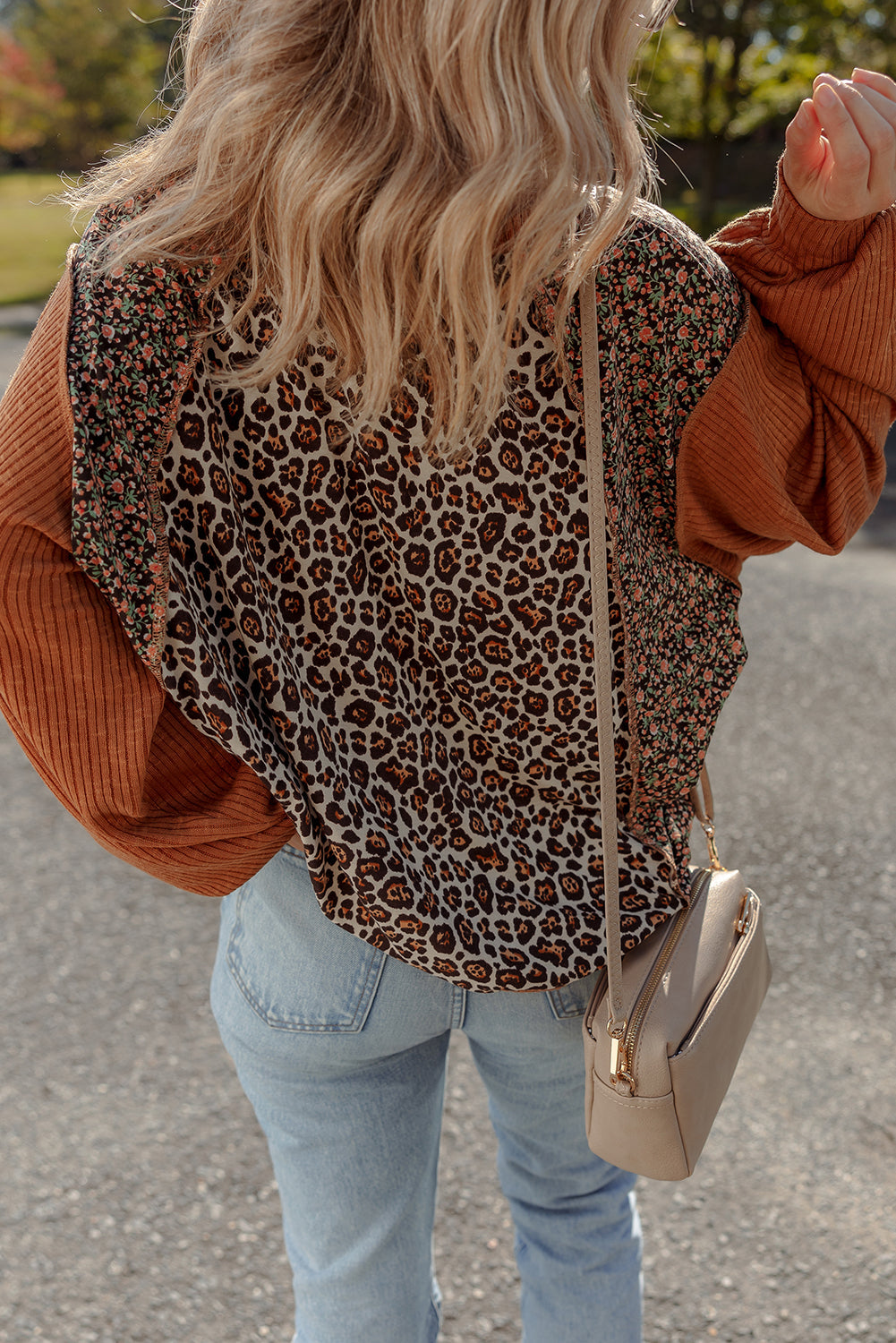 Threaded Pear Natalie Leopard & Floral Patchwork Loose Top