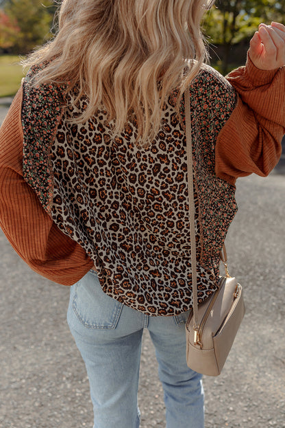 Threaded Pear Natalie Leopard & Floral Patchwork Loose Top