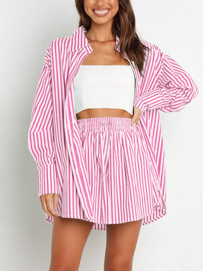 HOT SALE Striped Dropped Shoulder Shirt and Shorts Set
