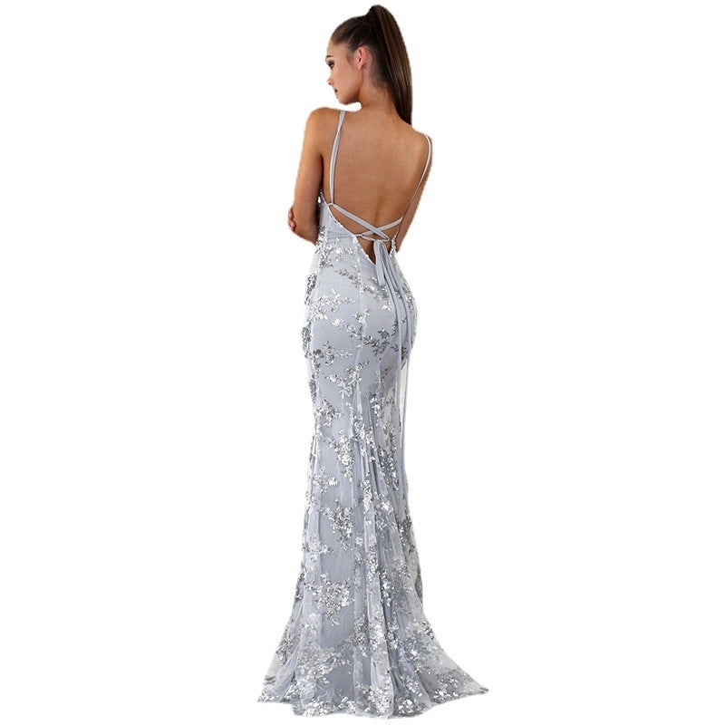V-Neck Backless Sequined Evening Dress | Lace-Up Cocktail Party Gown | Shimmering Sleeveless Banquet Dress | Glamorous Night-Out Sequin Slip Dress
