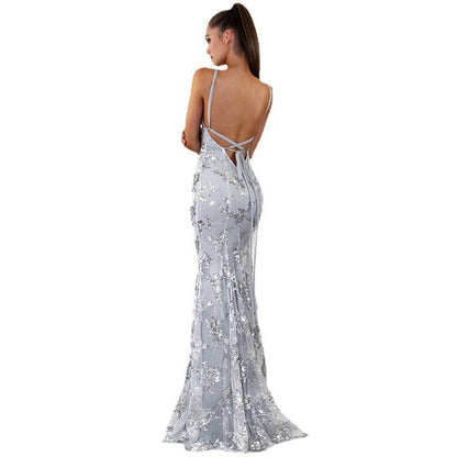 V-Neck Backless Sequined Evening Dress | Lace-Up Cocktail Party Gown | Shimmering Sleeveless Banquet Dress | Glamorous Night-Out Sequin Slip Dress
