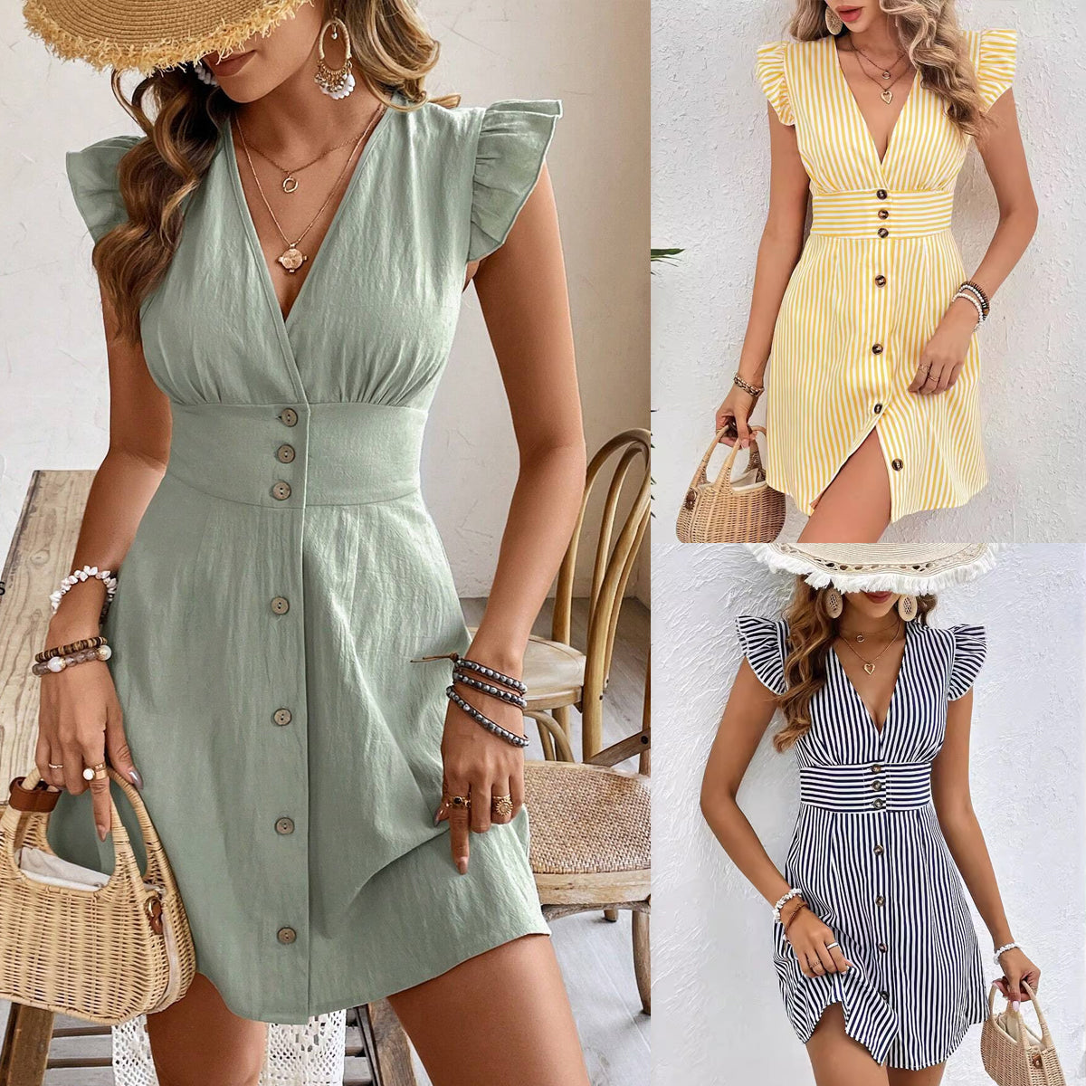 Summer V Neck Single Breasted Fly Sleeve Shirt Dress With Stripe Print Style