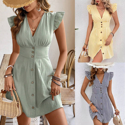 Summer V Neck Single Breasted Fly Sleeve Shirt Dress With Stripe Print Style