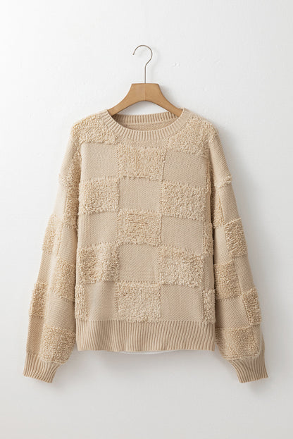 Threaded Pear Emily Checkered Sherpa Loose Sweater