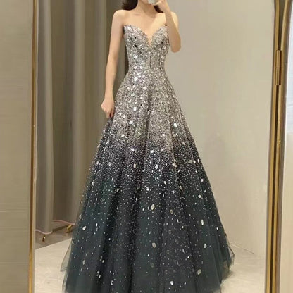 Blue Heavy Industry Wedding Evening Dress | Luxury Sequin & Bead Embroidered Gown | Elegant Floor-Length Formal Party Dress | Royal Blue Couture Banquet Gown