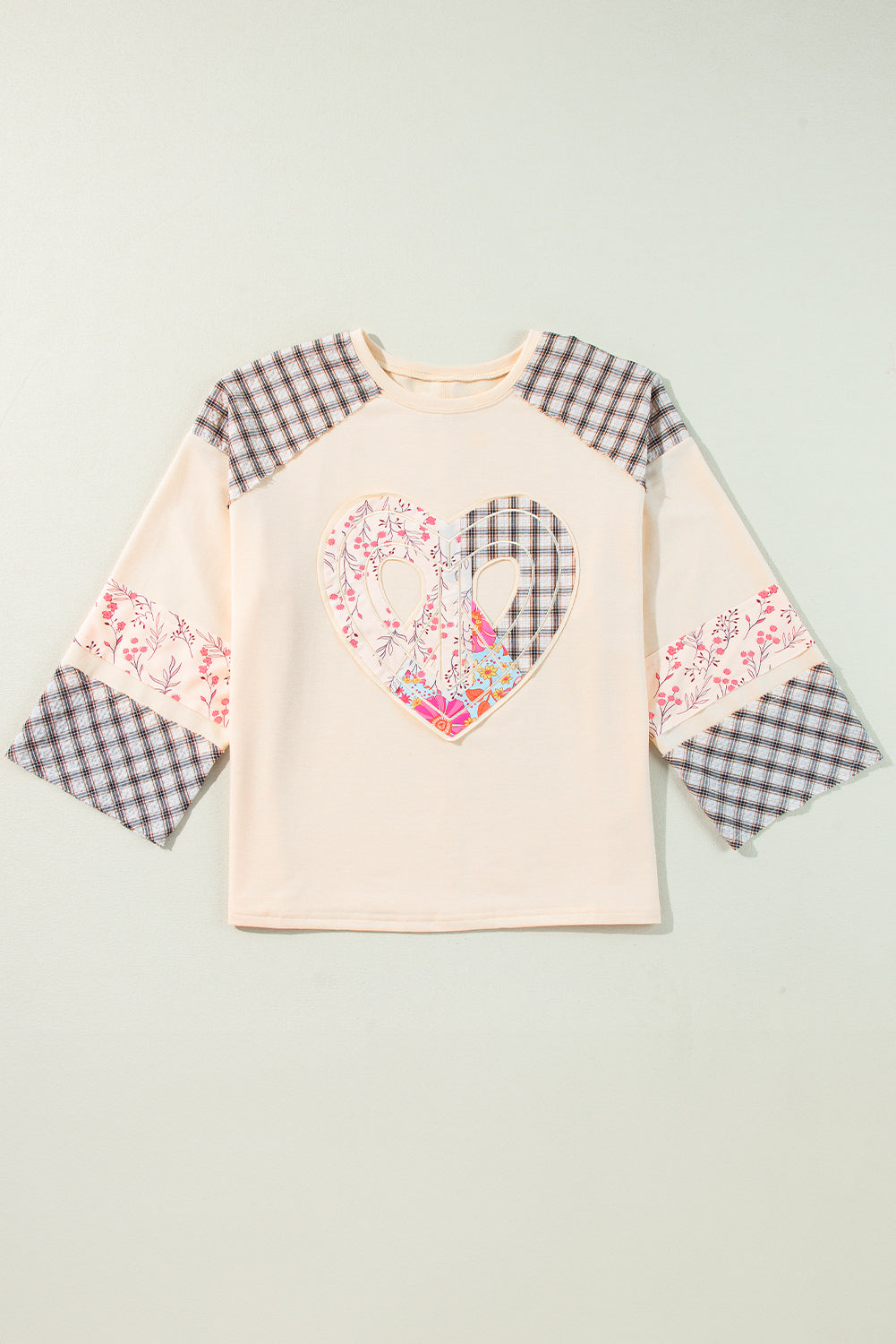 Threaded Pear Emilia Plaid Floral Peace Heart Long Sleeve Top