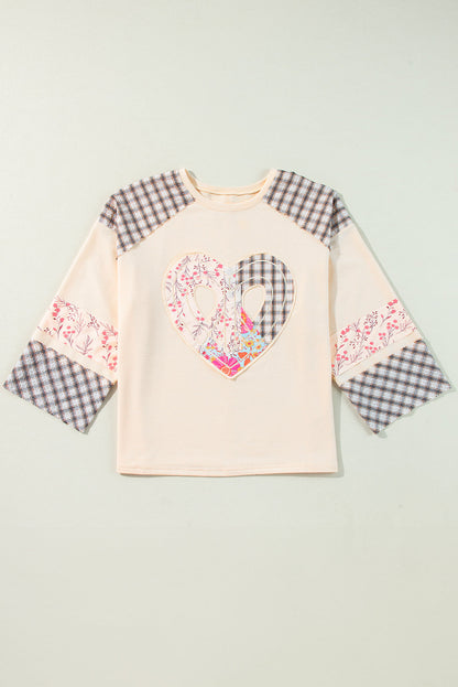 Threaded Pear Emilia Plaid Floral Peace Heart Long Sleeve Top