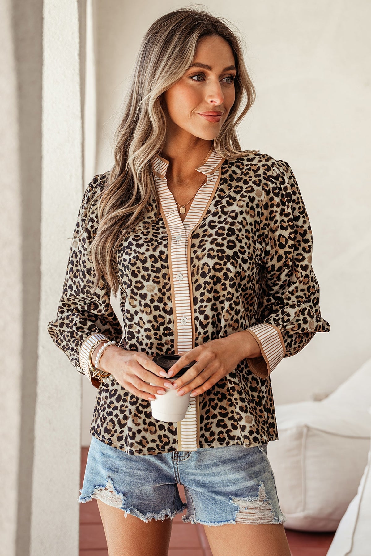 Threaded Pear Jordyn Contrast Striped Trim Shirt