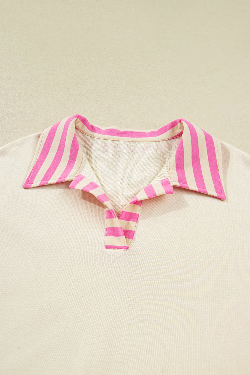 Threaded Pear Pink Stripe Contrast Polo Collar Drop Shoulder Patchwork Plus Size Pullover