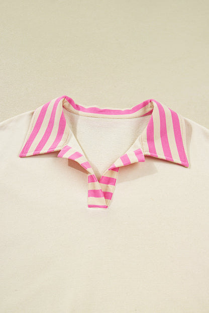 Threaded Pear Pink Stripe Contrast Polo Collar Drop Shoulder Patchwork Plus Size Pullover