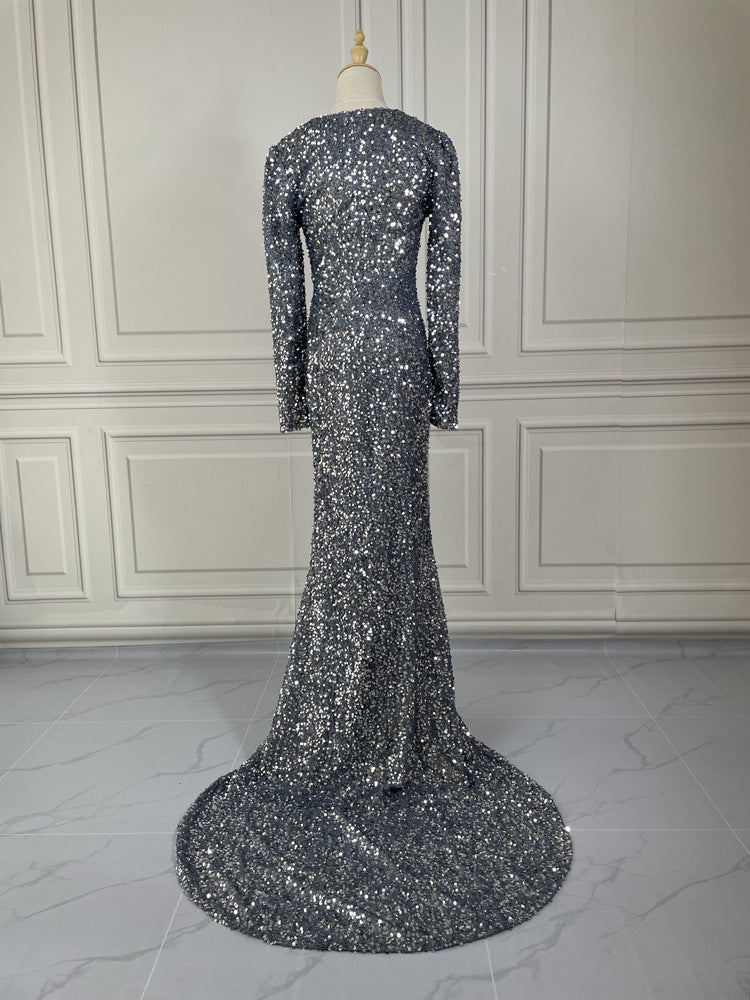 Grey Long Sleeve Sequin Evening Dress | Elegant Floor-Length Mermaid Gown | Sparkling Silver-Grey Formal Party Dress | Sophisticated Slim Fit Red Carpet Sequin Gown