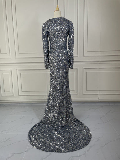 Grey Long Sleeve Sequin Evening Dress | Elegant Floor-Length Mermaid Gown | Sparkling Silver-Grey Formal Party Dress | Sophisticated Slim Fit Red Carpet Sequin Gown