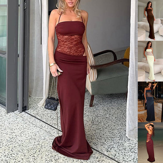 Women’s Y2K Lace Suspender Dress | Elegant Lace Long Dress for Party & Club | Trendy Backless Suspender Maxi Dress | Beach & Evening Lace Gown | 2026 Women’s Occasion Wear