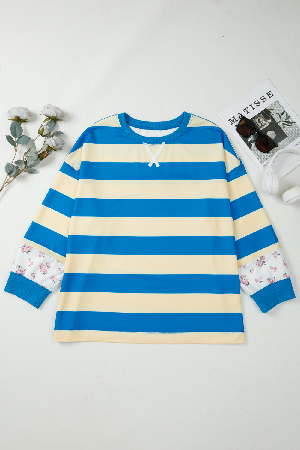 Threaded Pear Blue Stripe Floral Color Block Drop Shoulder Plus Size Pullover Top