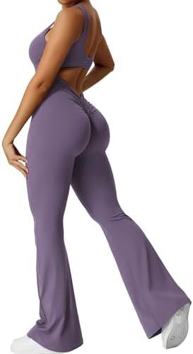 Women’s Sleeveless Flare Yoga Jumpsuit | Full-Body Fitness Bodysuit with Flared Legs | Elegant Backless Workout One-Piece | Trendy High-Stretch Athleisure Yoga Set | 2026 Modern Studio-to-Street Jumpsuit