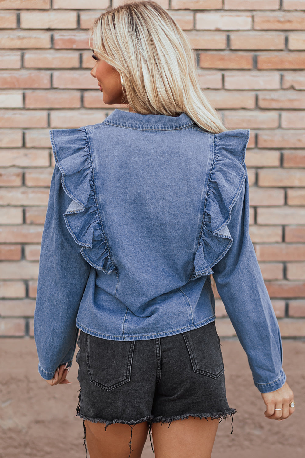 Threaded Pear Trinity Denim Ruffled Casual Top
