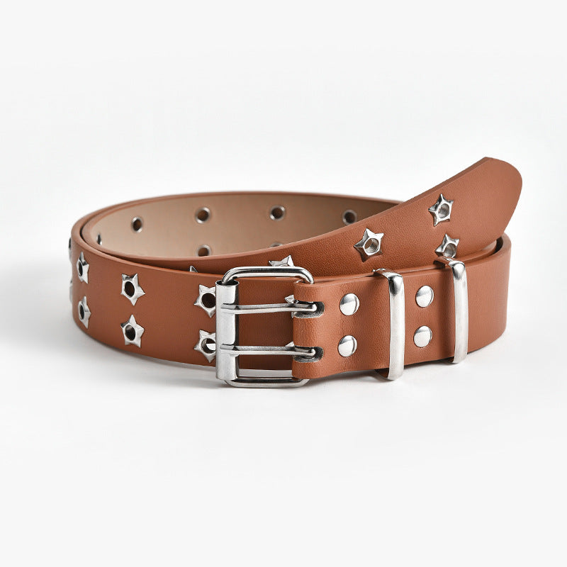 Women’s Fashion Stars Decorative Double-Row Belt | Trendy Y2K Celestial Studded Belt | Modern Grunge Style Star Buckle Waistband | Edgy Double-Grommet Decorative Belt | 2026 Streetwear Fashion Accessory
