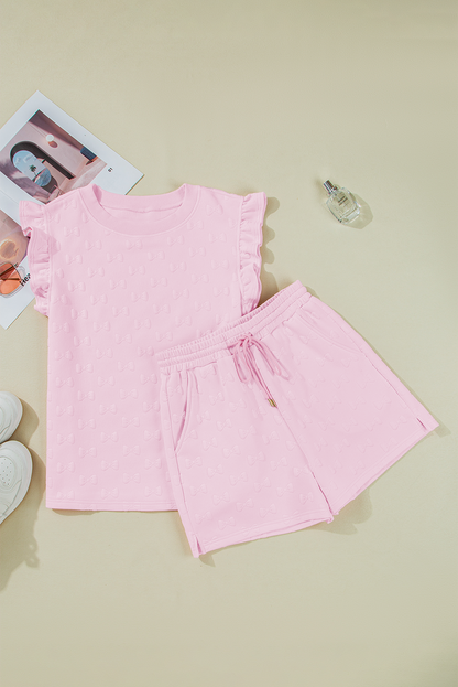 Threaded Pear Ocean Bow Jacquard Ruffle Sleeve Short 2pcs Outfit