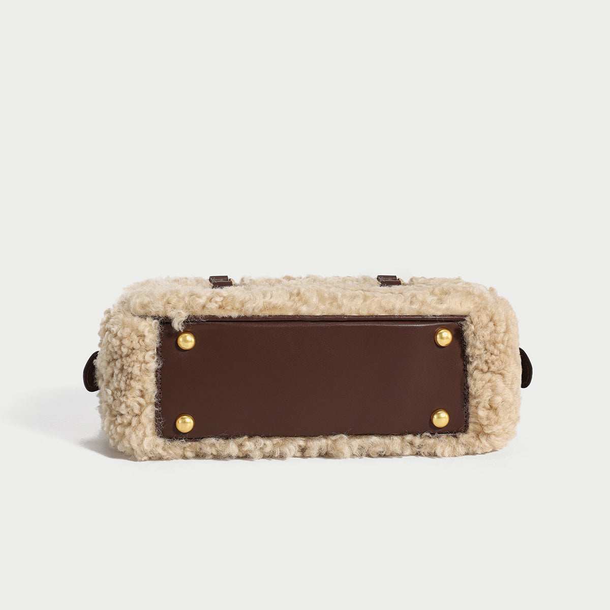 Beige Sherpa Fur Trimmed Elongated Top Handle Bag