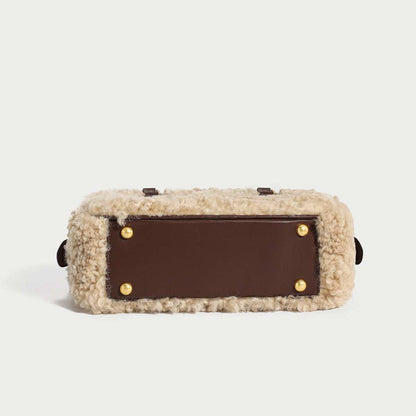 Beige Sherpa Fur Trimmed Elongated Top Handle Bag