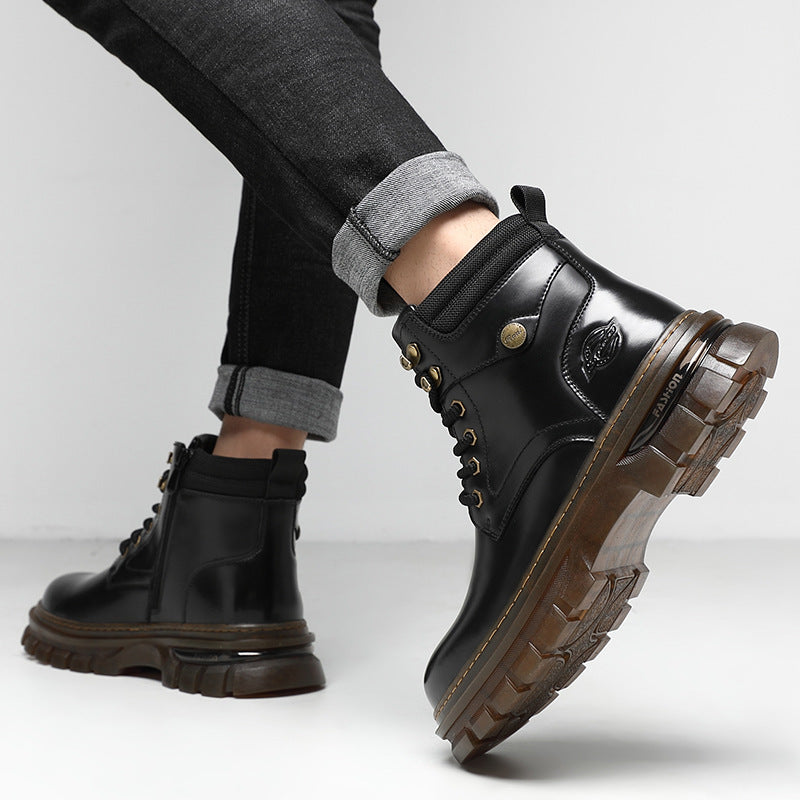 Men’s British Style Platform Boots | Fleece-Lined Warm Winter Combat Boots | High-Sense Genuine Leather Casual Boots | Durable Non-Slip Thermal Ankle Boots for Men