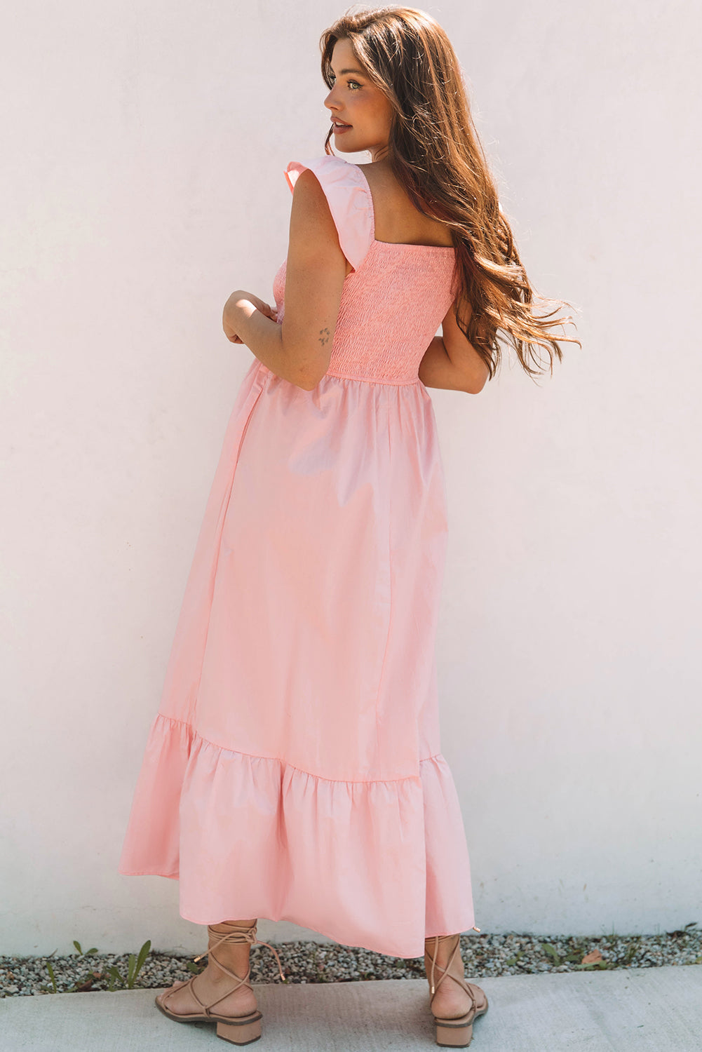 Threaded Pear Ashlyn Flutter Sleeve Smocked Bodice Maxi Dress