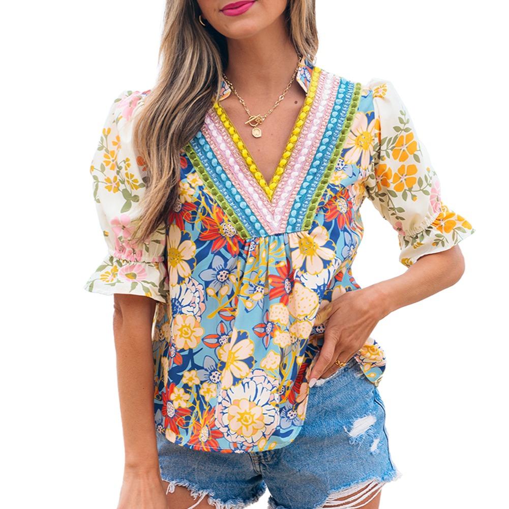 Women's Boho Floral V-Neck Puff Sleeve Blouse