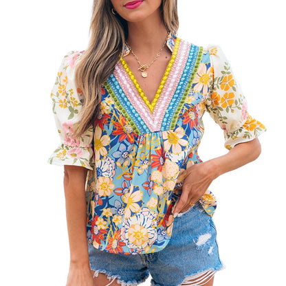 Women's Boho Floral V-Neck Puff Sleeve Blouse