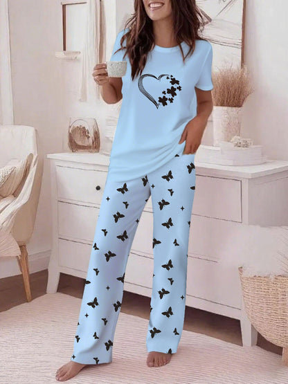 Casual Striped Print Two-Piece Set | Crew Neck Short Sleeve Top & Wide-Leg Pants Trouser Suit | Versatile Summer Loungewear & Streetwear Set for Women