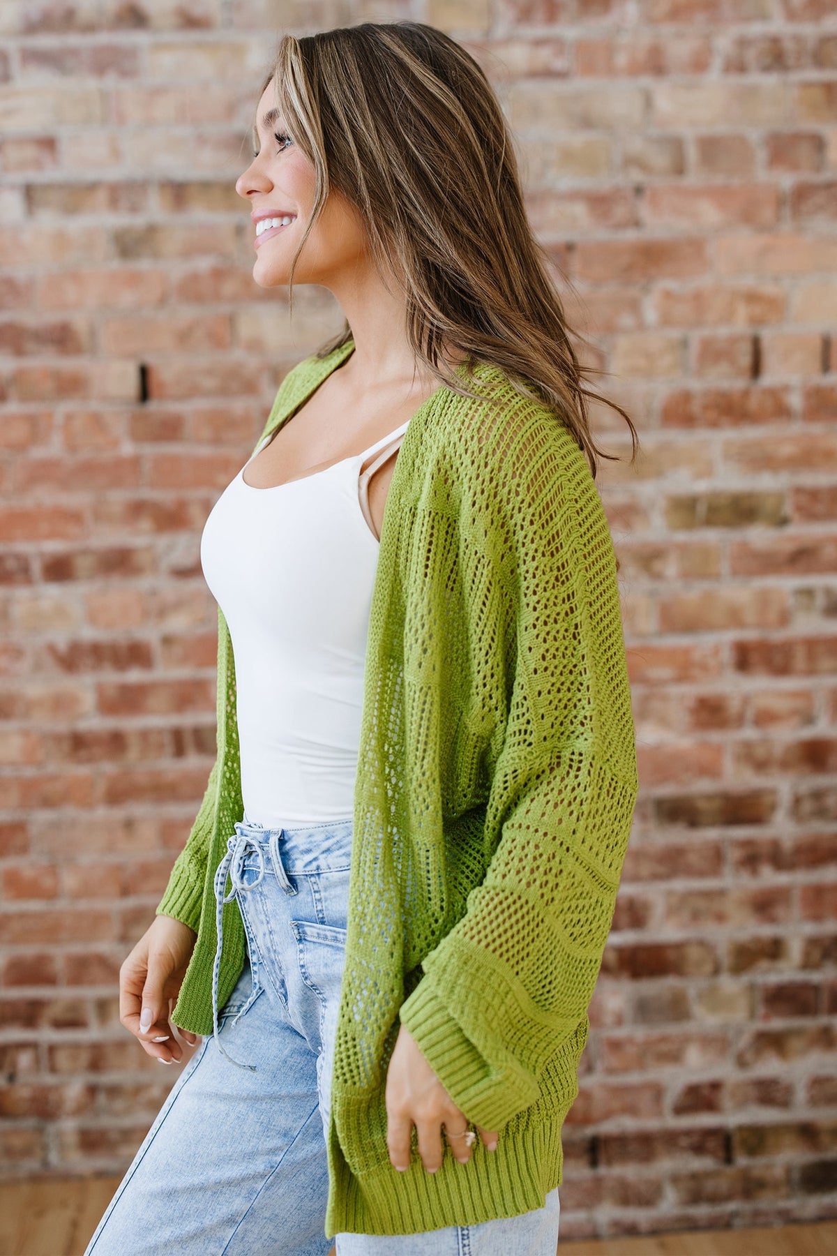 Threaded Pear Whitley Crochet Knit Open Cardigan