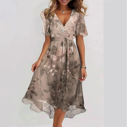 Floral Print A-Line Dress – V-Neck Short Sleeve Midi Dress