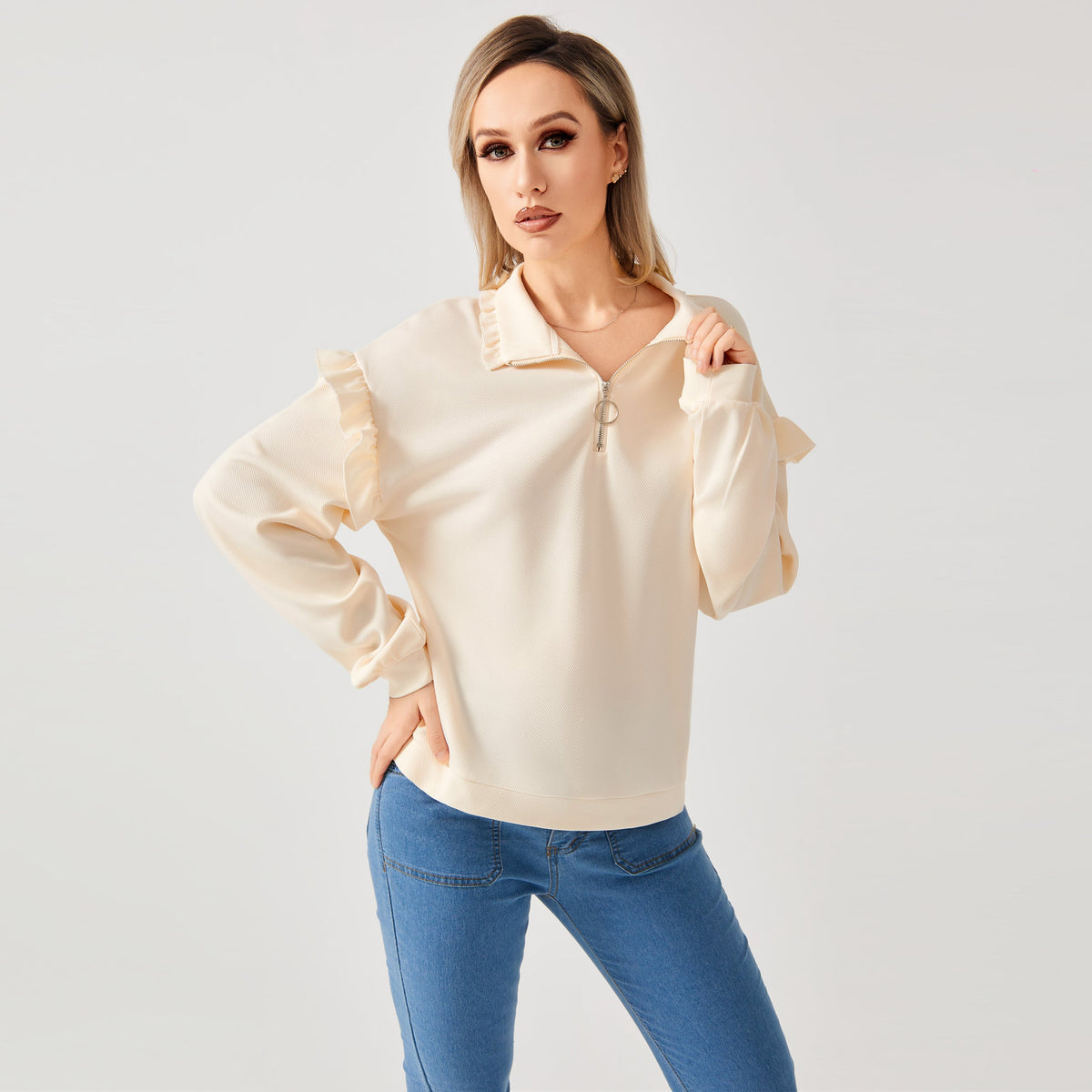 Women’s Casual Ruffle Trim Half-Zip Sweatshirt | Trendy Frill Detail Quarter-Zip Pullover | Elegant Long Sleeve Sporty Sweatshirt | Modern Loose Fit Ruffled Jumper | 2026 Stylish Fall/Winter Streetwear