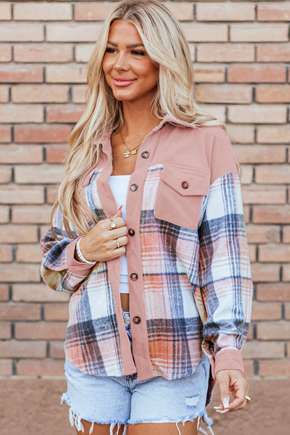 Threaded Pear Nancy Plaid Corduroy Patchwork Shacket