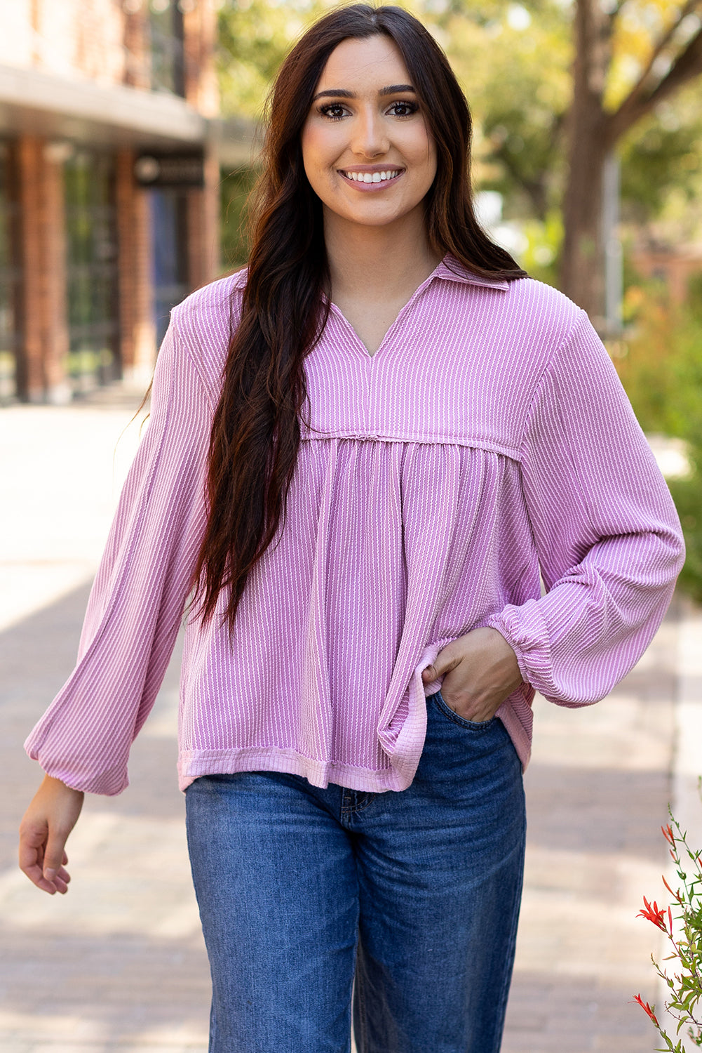 Threaded Pear Blake Corded V Neck Bubble Sleeve Blouse