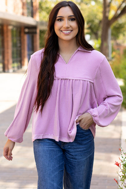 Threaded Pear Blake Corded V Neck Bubble Sleeve Blouse