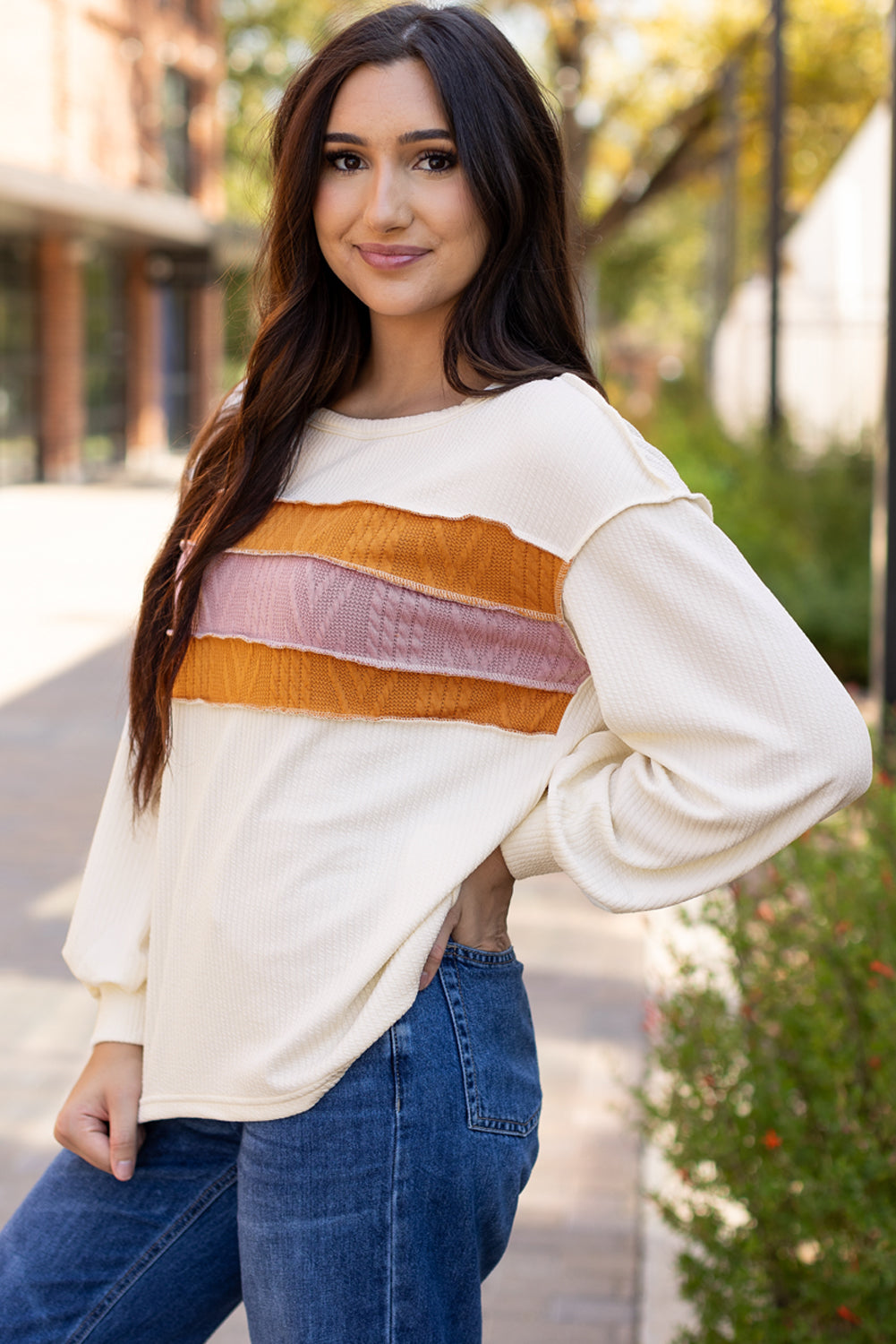 Threaded Pear Ember Exposed Seam Knit Patchwork Top