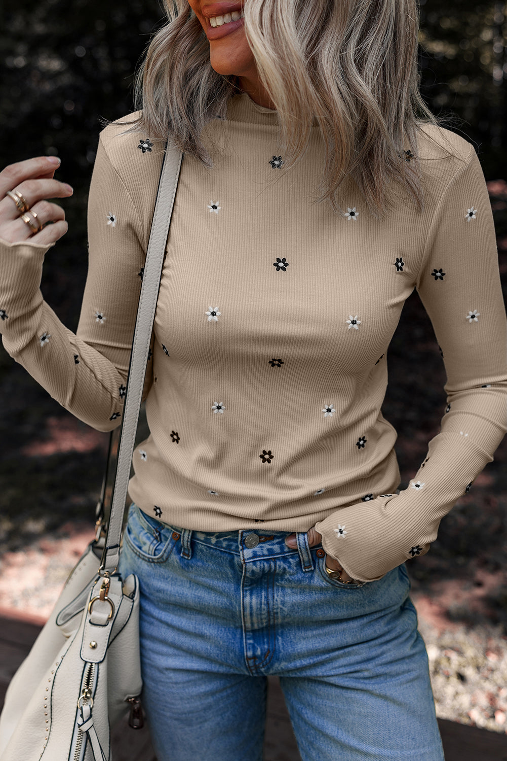 Threaded Pear Genesis Embroidered Detail Ribbed Long Sleeve Top