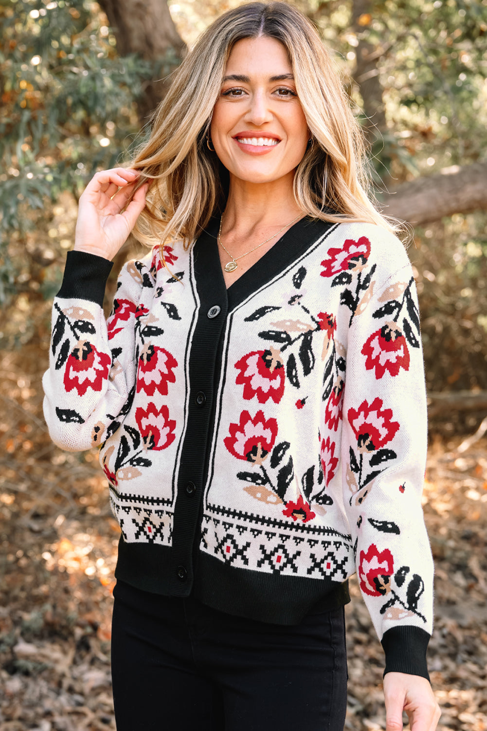 Threaded Pear Selene Print Front Knit Cardigan