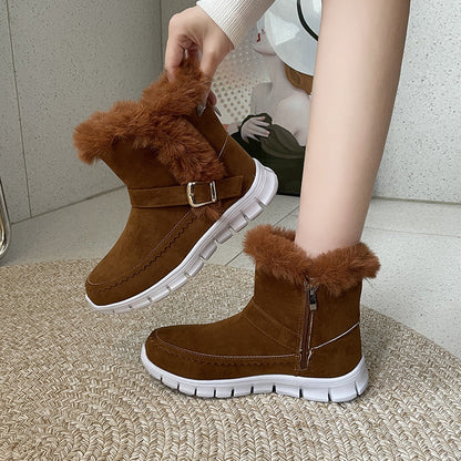 Women’s Thickened Winter Snow Boots | High-Sense Plush Ankle Boots with Buckle Design | Trendy Minimalist Plus Velvet Flat Shoes | Luxury-Label Statuesque Warm Winter Footwear | 2026 High-Fashion Radiant Outdoor Boots