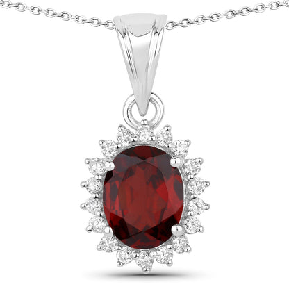 Genuine Mozambique Garnet and Lab Diamond Silver Halo Necklace