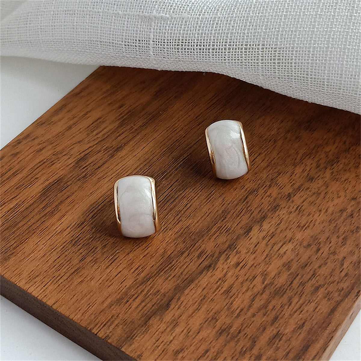 Beige Enamel & Goldtone Curved Stud Earrings