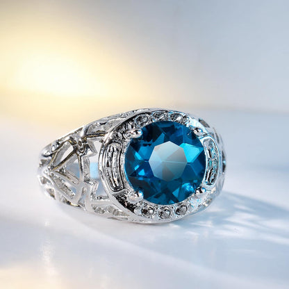 Blue Crystal & Silvertone Filigree Cocktail Ring
